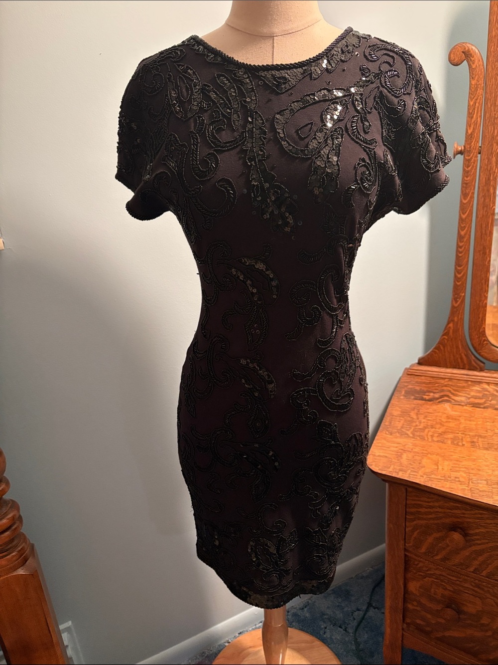 Carmen Marc Valvo Black Beaded Paisley-Embellished Mini Dress